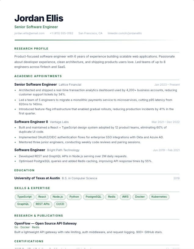 Academic resume template: single-column Academic design
