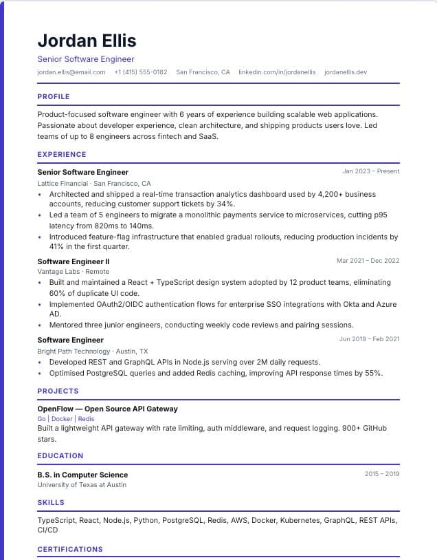 Accent Line resume template: single-column spec design