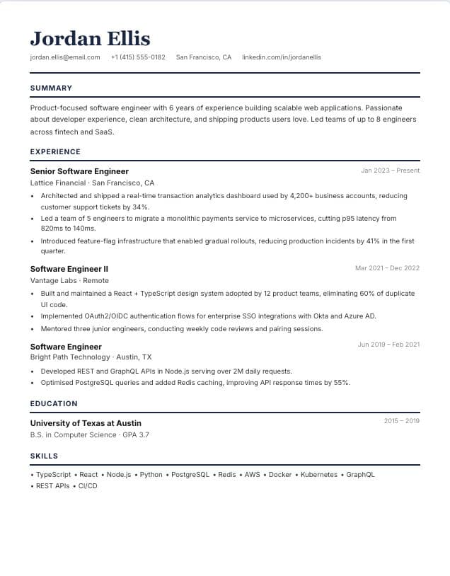 Classic resume template: single-column classic design