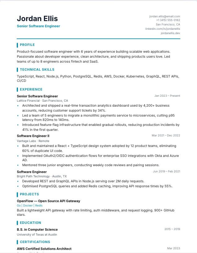 Developer resume template: single-column Technology design