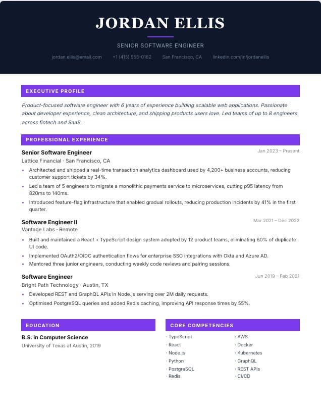 Executive resume template: single-column executive design