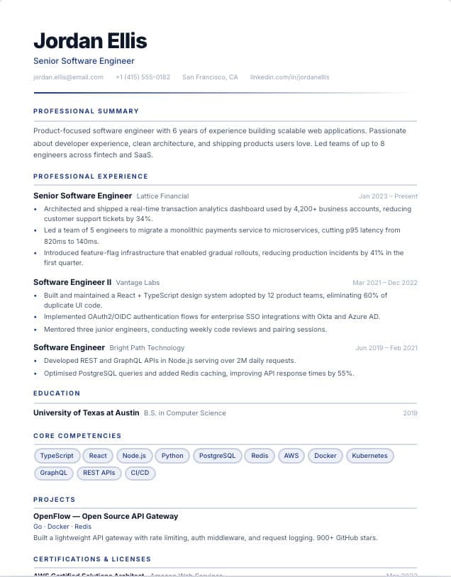 Finance resume template: single-column Finance design