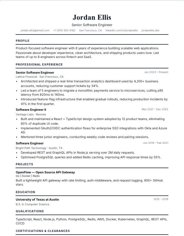 Government resume template: single-column Public service design