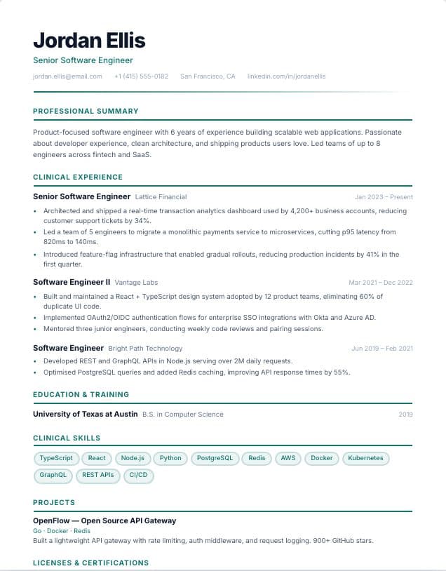 Healthcare resume template: single-column Healthcare design
