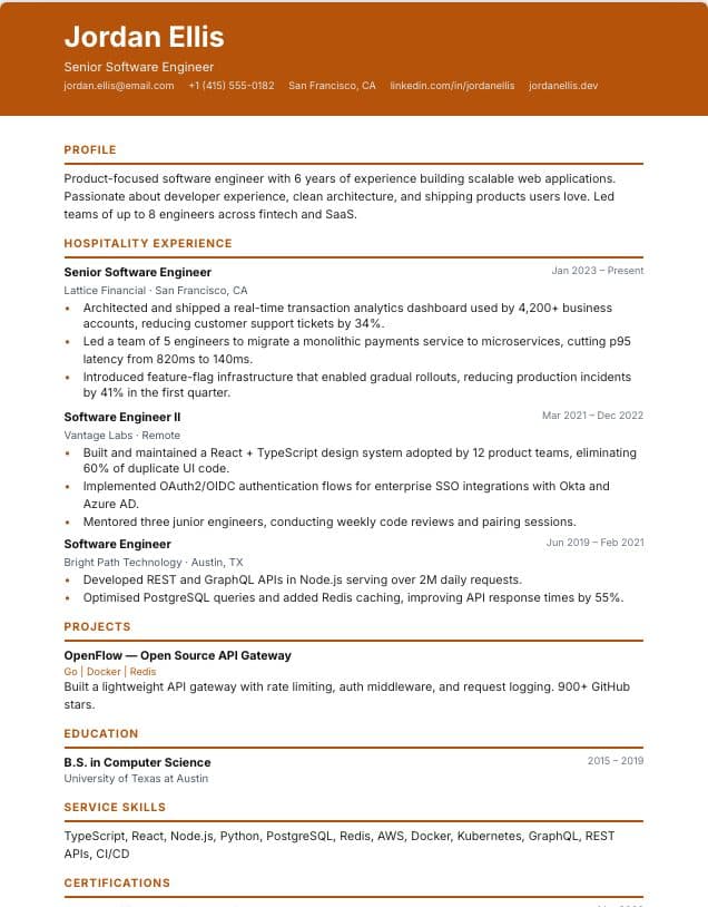 Hospitality resume template: single-column Hospitality & retail design