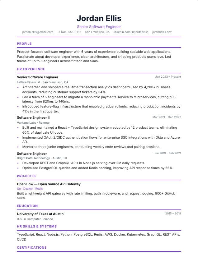 HR & People resume template: single-column HR & recruiting design