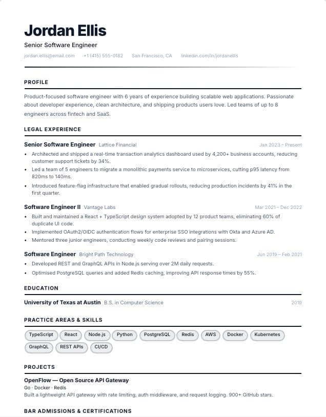 Legal resume template: single-column Legal design