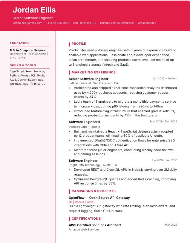 Marketing resume template: two-column Marketing design