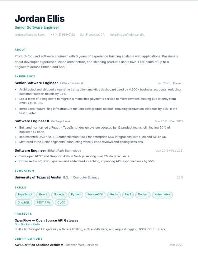 Minimal resume template: single-column minimal design
