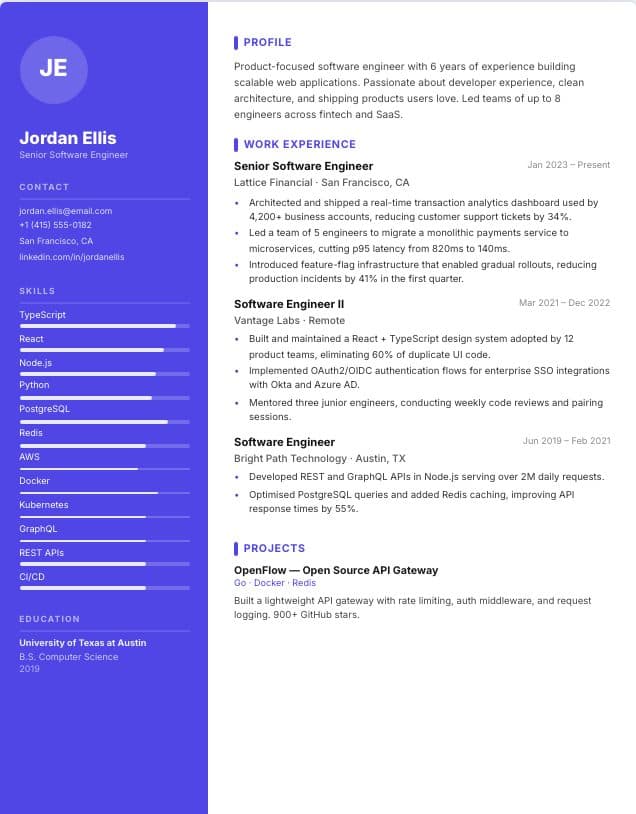 Modern resume template: two-column modern design