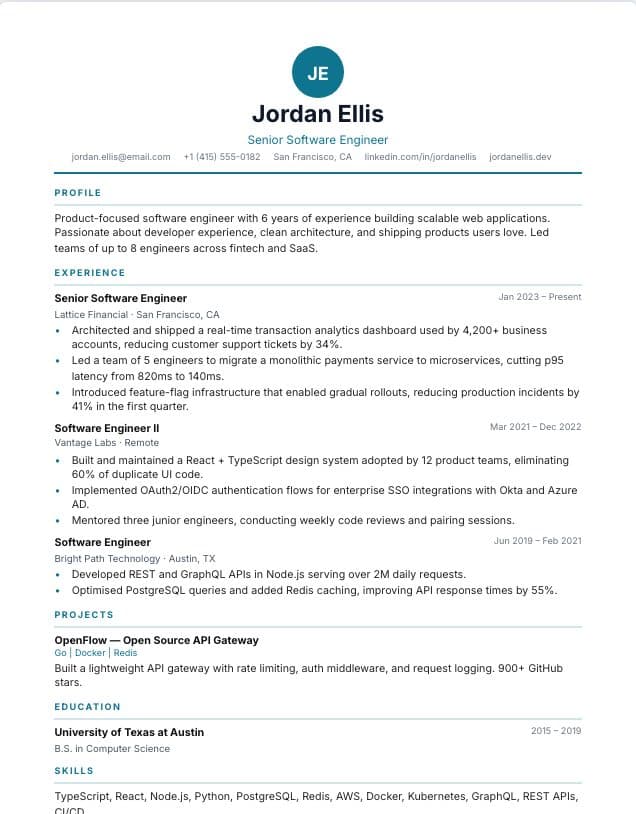 Monogram resume template: single-column spec design