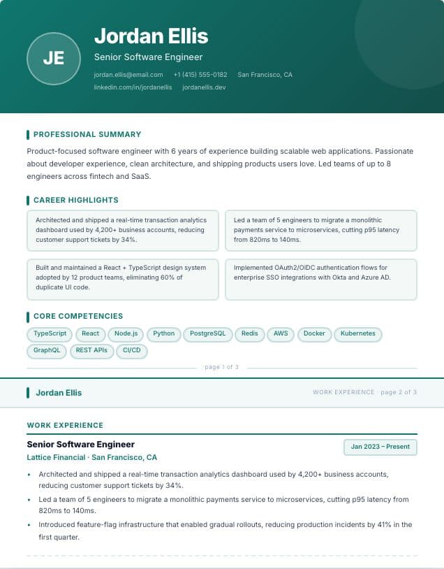 Portfolio resume template: single-column portfolio design