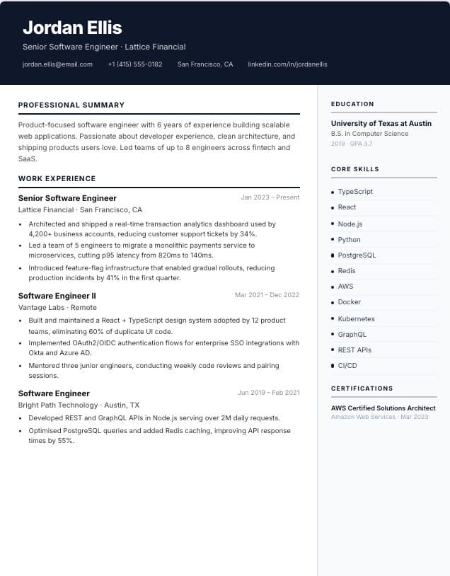 Professional resume template: two-column professional design