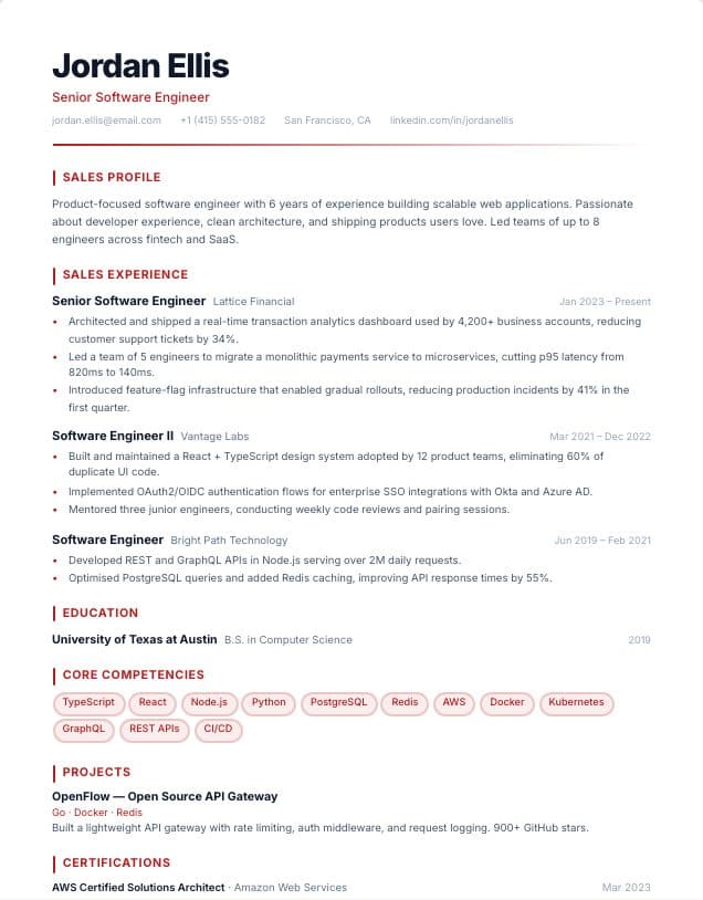 Sales resume template: single-column Sales design