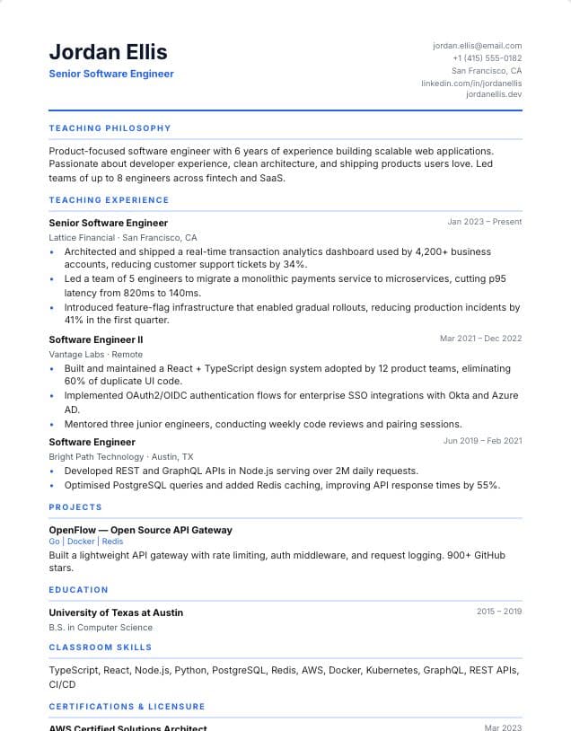 Teacher resume template: single-column Education design