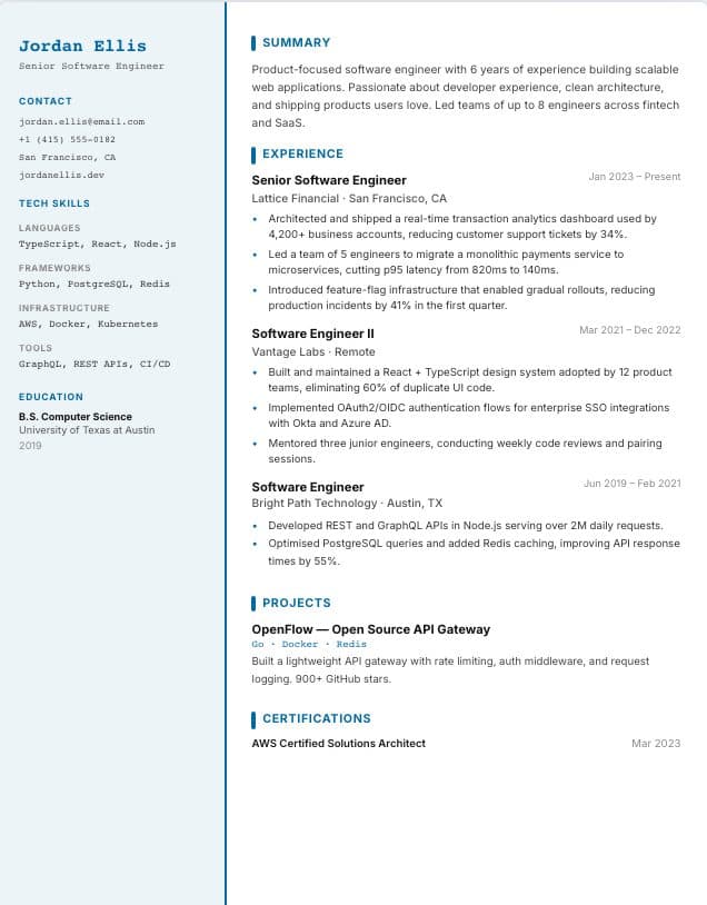Technical resume template: two-column technical design